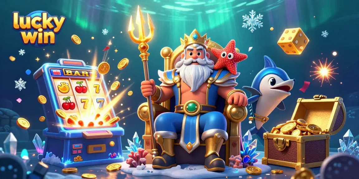Experience lucky win excitement with Neptune surrounded by vibrant slot machine chaos and golden treasures.