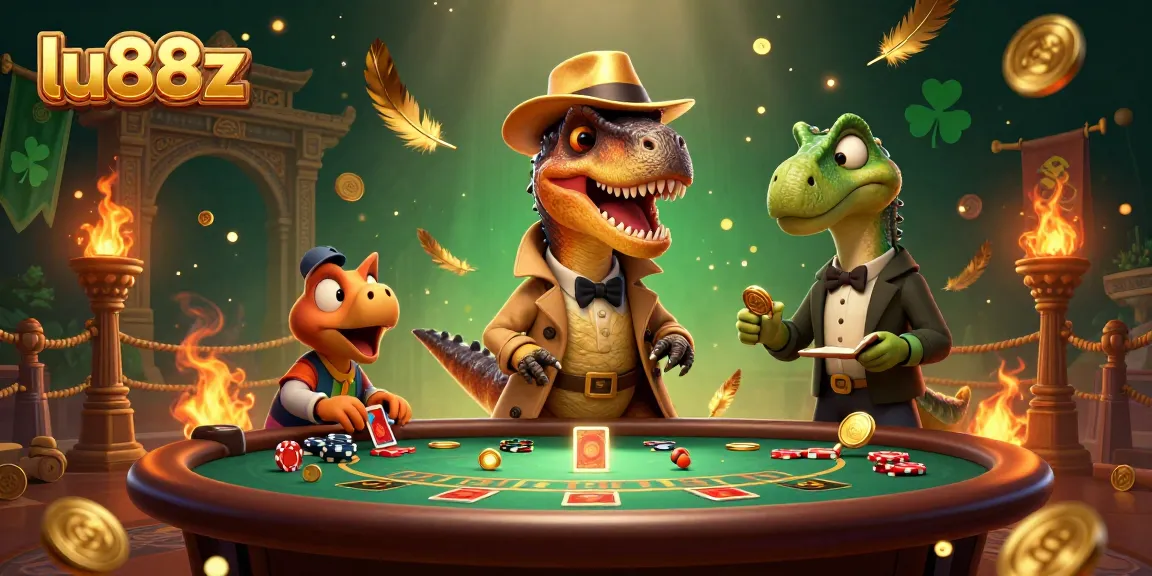 lu88z velociraptor card counter at blackjack table amidst vibrant casino elements and dynamic action.