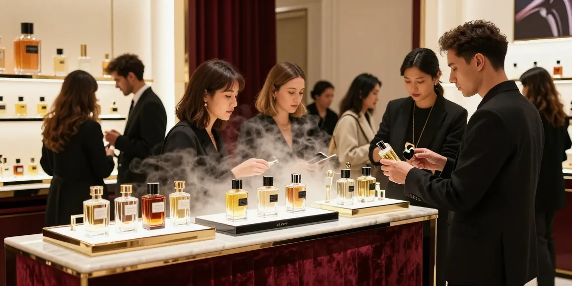 Explore Ex Nihilo Fragrances in an elegant luxury retail setting with diverse individuals.