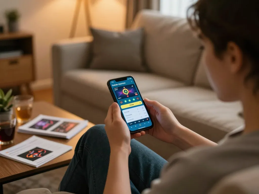 Engaging with the luongson live betting app from a cozy home setting, emphasizing strategic gambling.