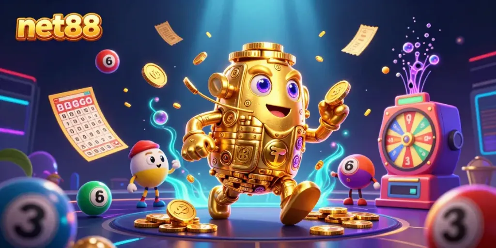 Experience thrilling gameplay at net88 with vibrant lottery elements and a dazzling golden golem.