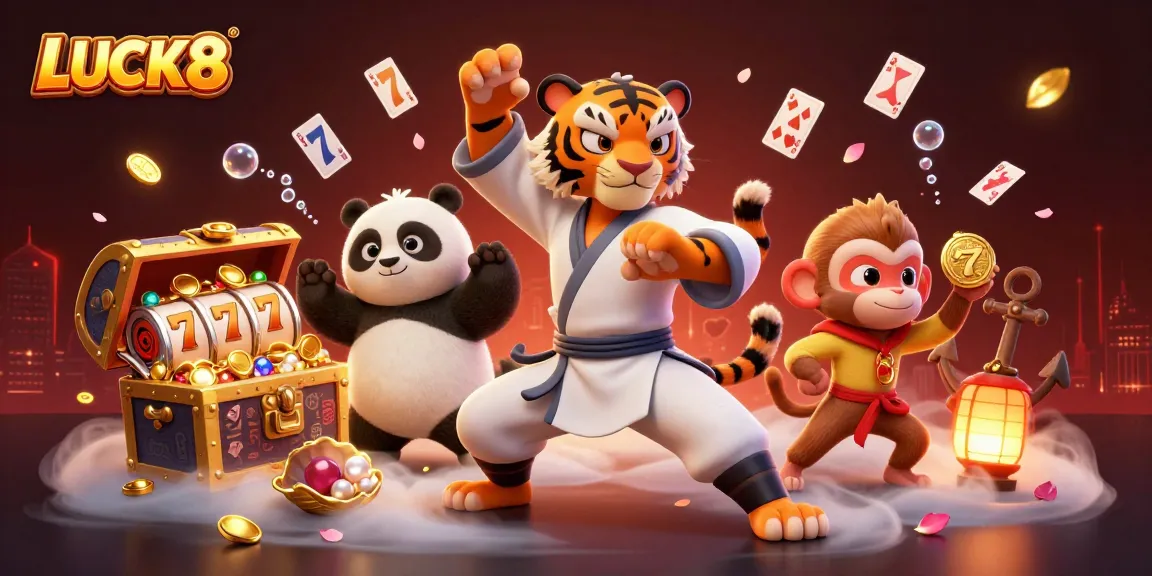 Join the excitement with LUCK8 as a kung fu tiger and panda disciple celebrate big wins in this vibrant casino scene.