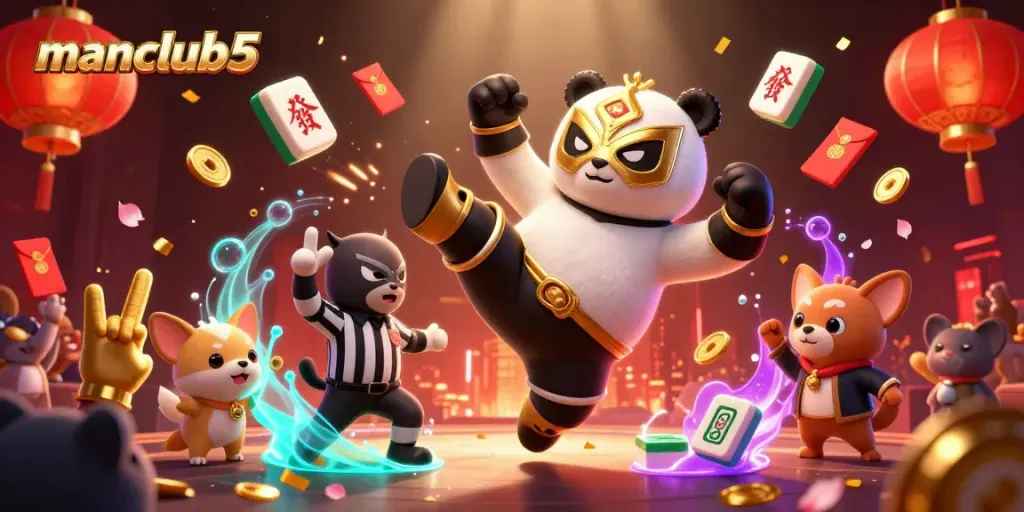 Experience the excitement of manclub5 with a vibrant wrestling scene filled with dynamic characters and casino-themed elements.