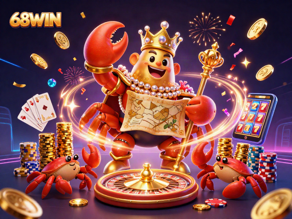 Experience the thrill of 68WIN with a festive scene featuring a golden crab emperor, treasure, and casino excitement.
