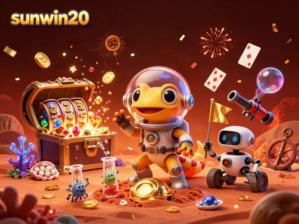 Engage in thrilling play at sunwin20 with a vibrant casino scene featuring winning slot reels and dynamic celebration.