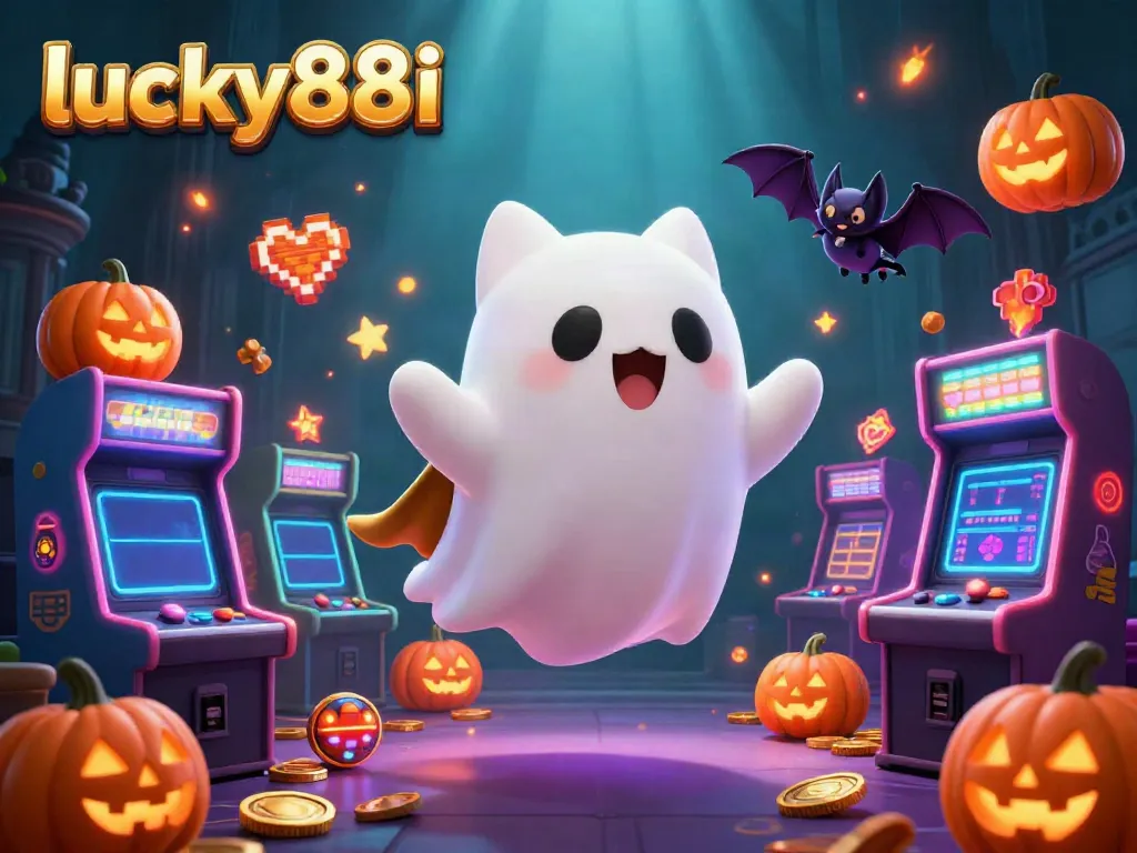 Experience lucky88i with a fun ghost cat and glowing jack-o-lanterns in a vibrant haunted casino.