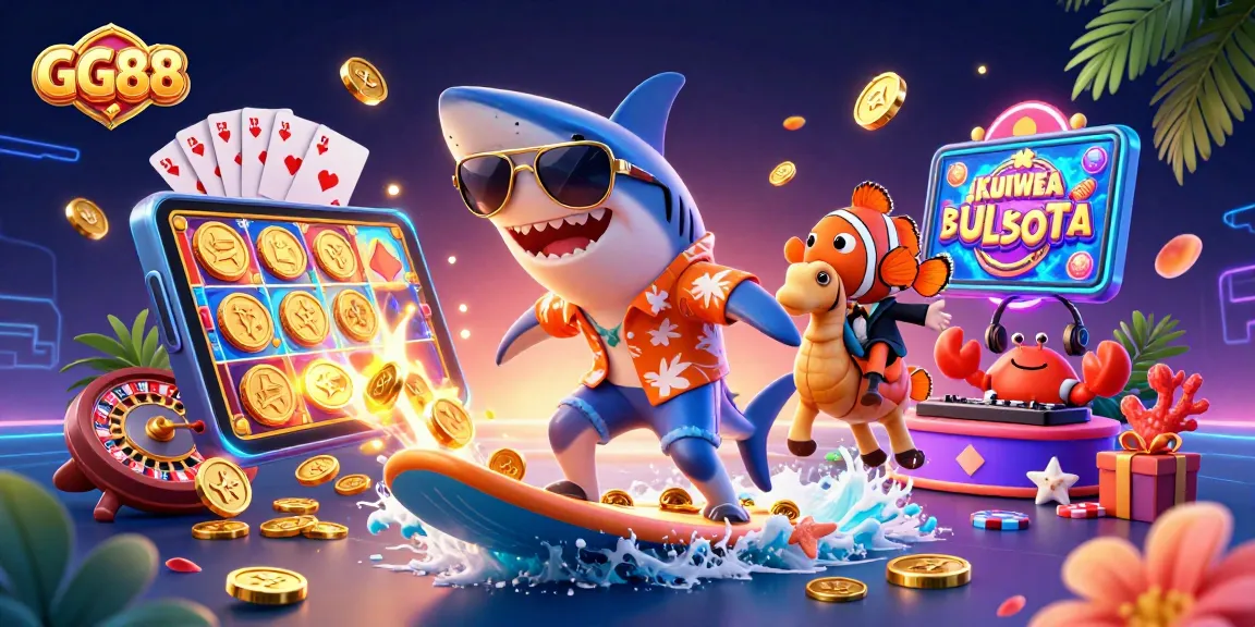 Experience the exciting world of GG88 with a vibrant casino-themed 3D scene featuring lively characters and gaming elements.