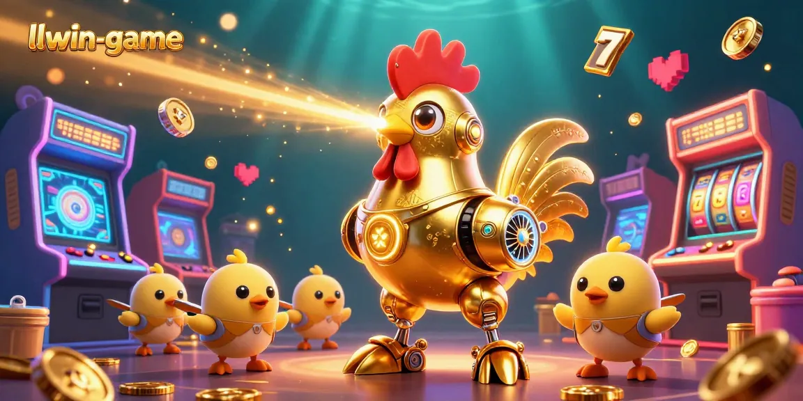 Experience thrilling gameplay at llwin-game with a futuristic golden rooster robot and dynamic arcade elements.