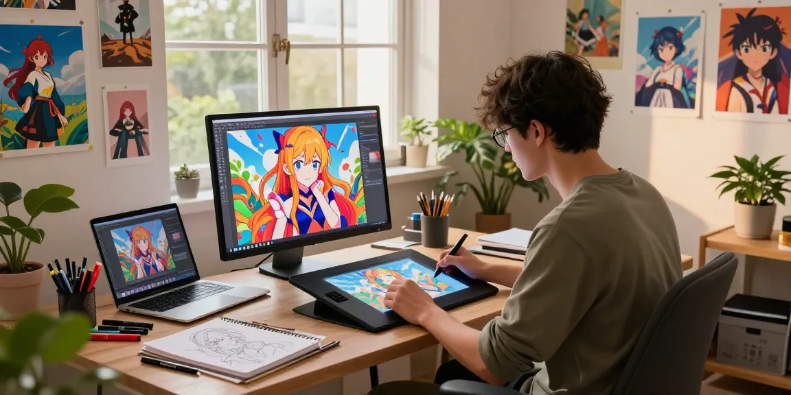 Artist creating ecchi AI illustrations in a vibrant digital studio setting with colorful artwork.