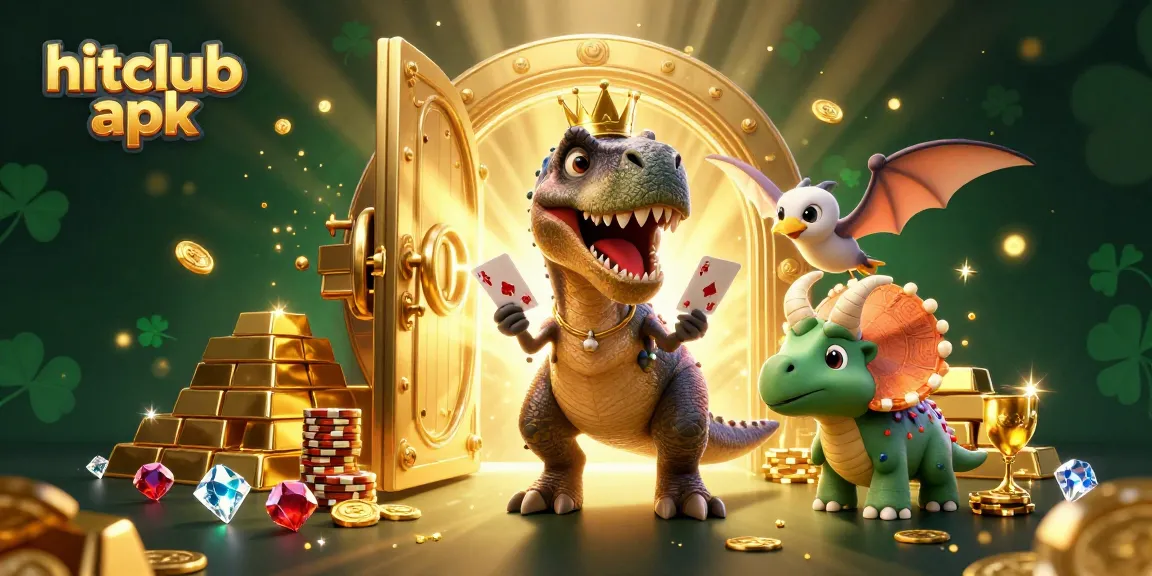 Engaging scene of T-Rex and friends showcasing hitclub apk poker fun with dynamic casino elements and treasure.