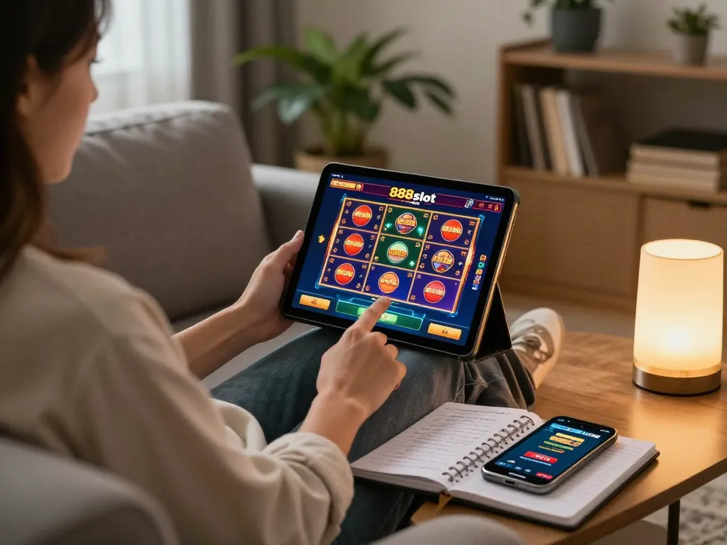Engaging with 888slot trang chủ online from a cozy living room, showcasing dynamic gaming strategy.