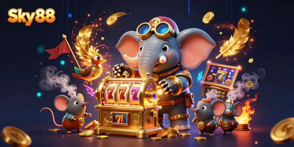 Experience dynamic gameplay at Sky 88 with a steampunk elephant operating a golden slot machine.
