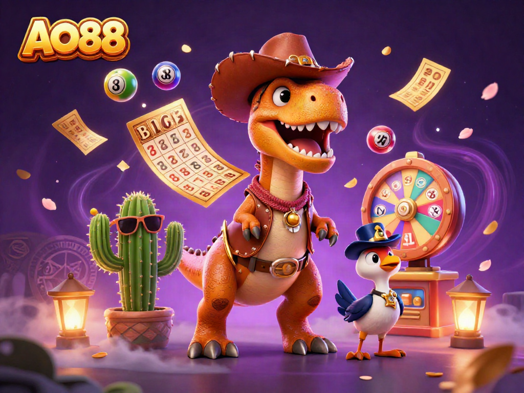 AO88 showcases a vibrant casino scene with a T-Rex cowboy dinosaur and dynamic lottery elements.