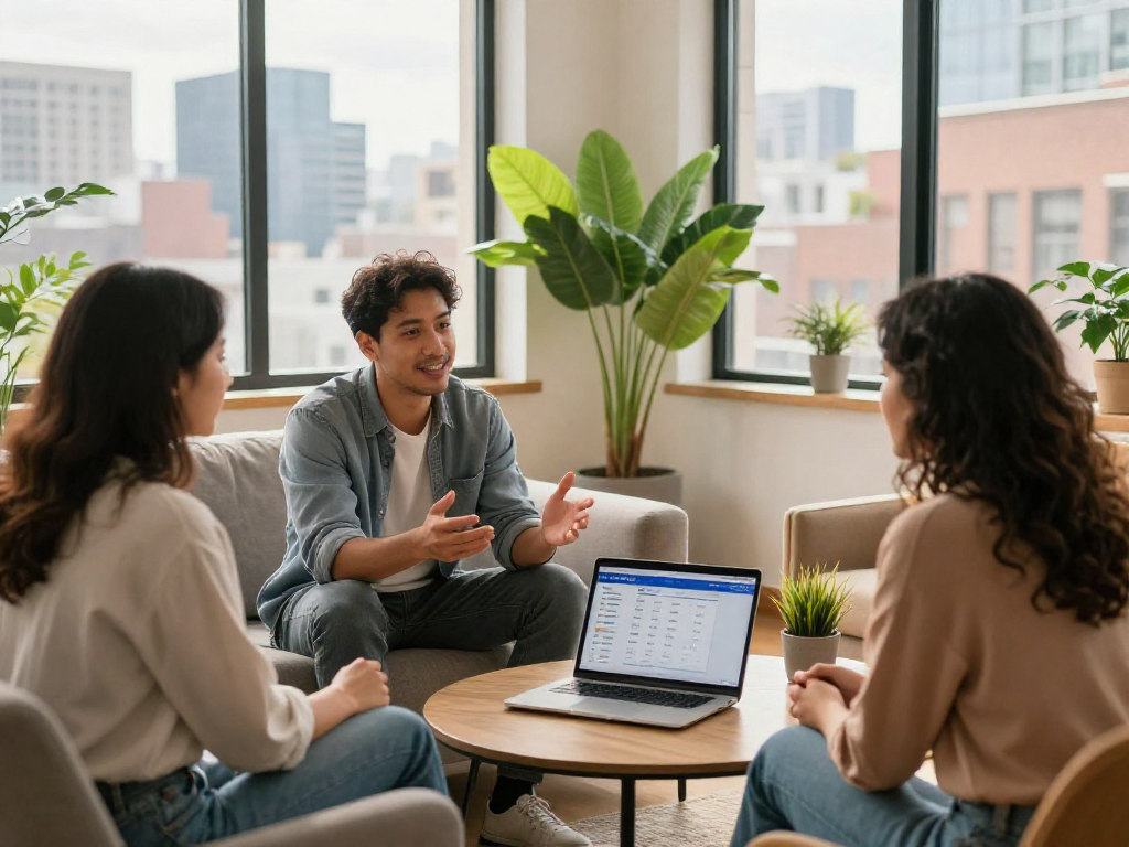 Airbnb management Sheffield: Local hosts discussing strategies in a modern apartment.