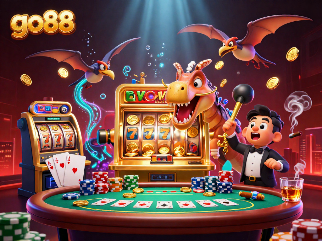 go88 characters celebrate a jackpot win at a vibrant casino scene