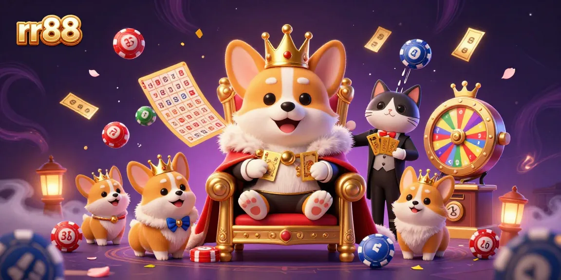 Experience exciting gaming at rr88 with a majestic royal corgi on a throne of poker chips.