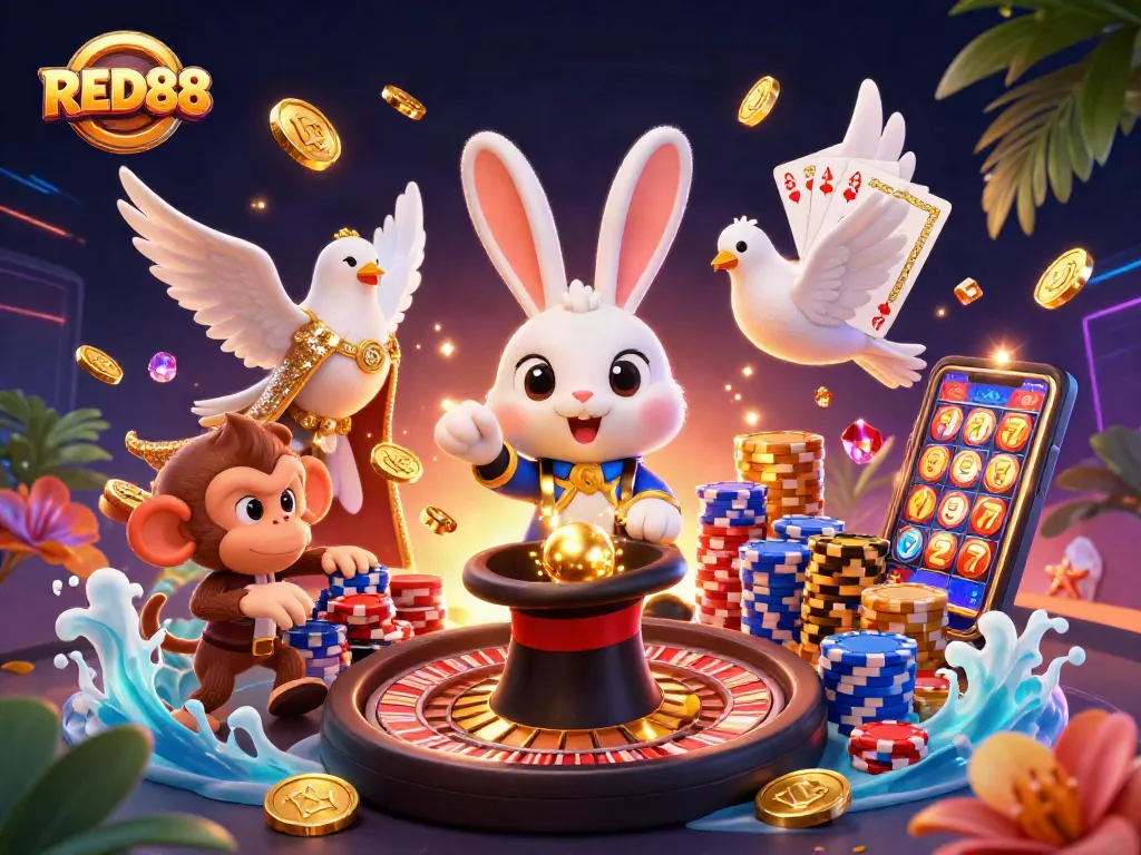 Enhance your gaming experience with the thrilling RED88 scene featuring magical elements, poker chips, and vibrant colors.