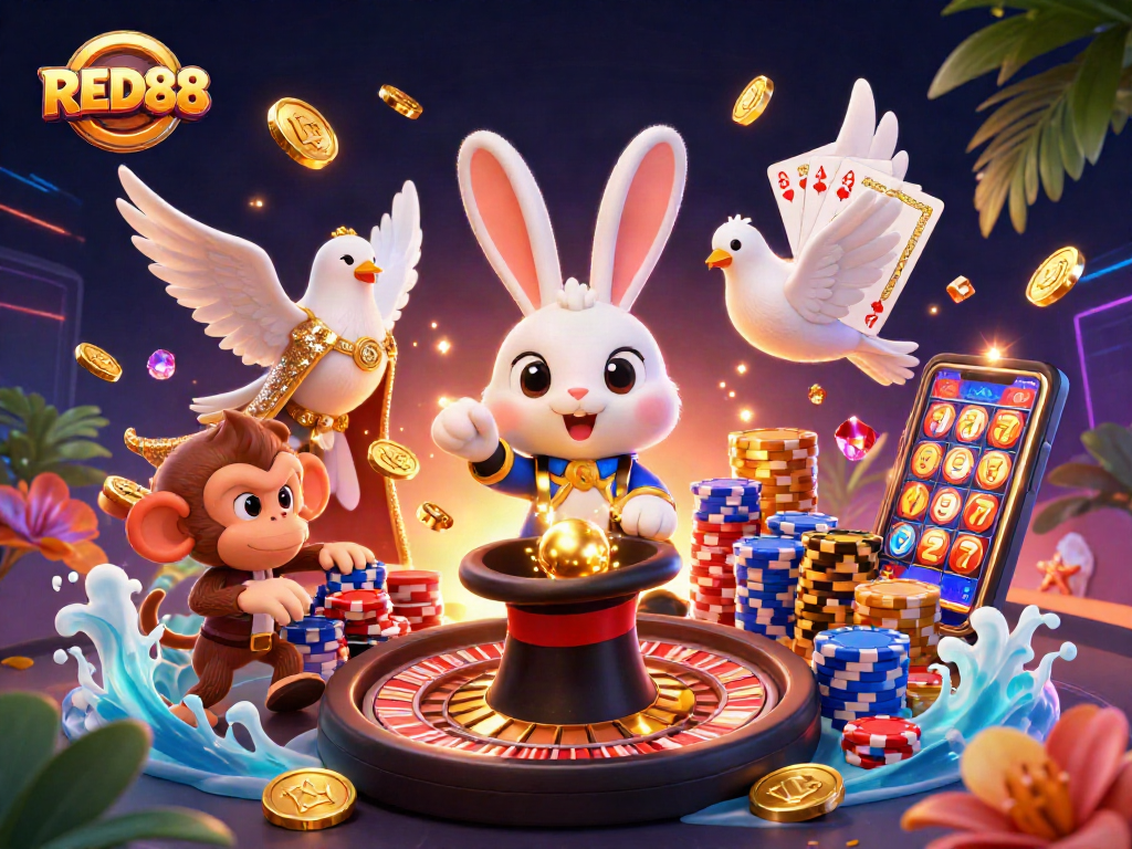Enhance your gaming experience with the thrilling RED88 scene featuring magical elements, poker chips, and vibrant colors.