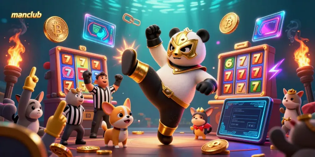 Experience thrilling action at manclub with a panda wrestler kicking and cartoon animals cheering in a vibrant casino!