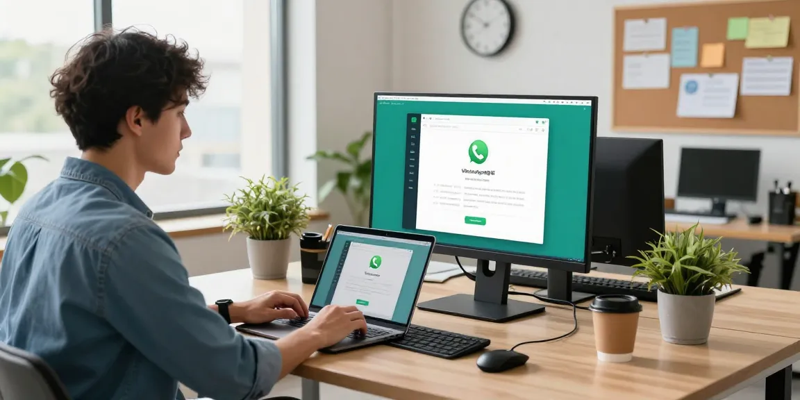 Young professional using WhatsApp電腦版 on a modern desk in a bright office.