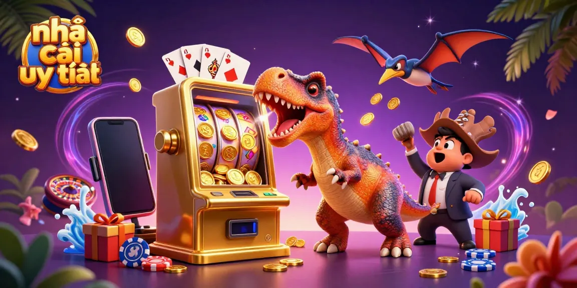Experience thrilling wins at nhà cái uy tín as a pachycephalosaurus celebrates a jackpot, capturing the excitement of online gaming.