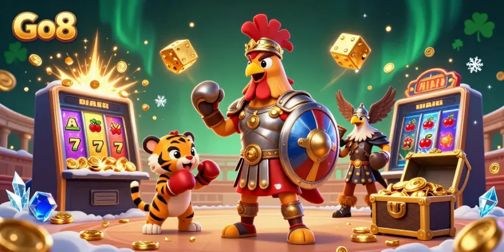 Experience the thrill of Go8 with vibrant 3D casino scene showcasing exciting slot games and dynamic characters.