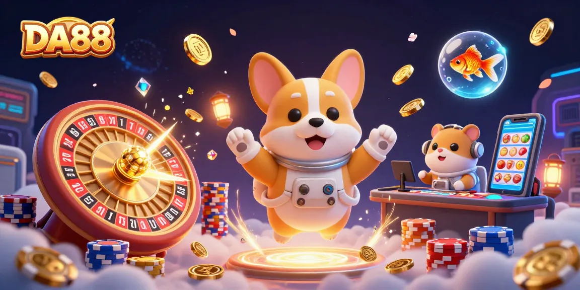 DA88 casino adventure featuring an astronaut corgi, floating coins, and vibrant gaming elements.