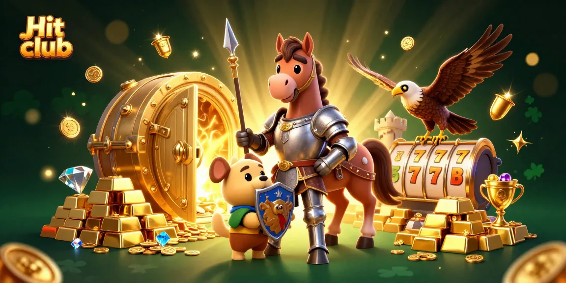 Engaging scene at Hit club with knight, puppy, and falcon surrounded by slots and treasure.