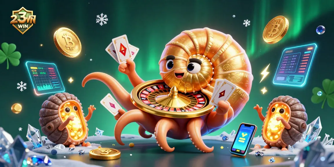 Engage with 23WIN's thrilling nautilus roulette in a vibrant casino scene filled with crypto elements.