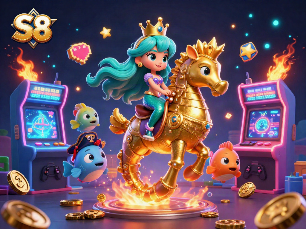 S8's 3D cartoon mermaid princess navigates thrilling casino adventures with vibrant gaming elements.