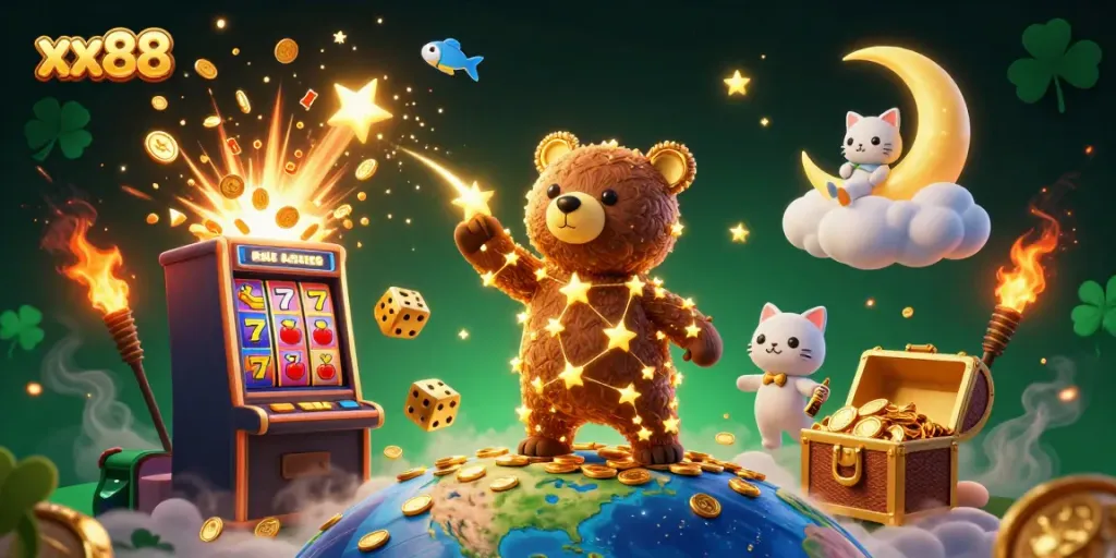 Engage with the exciting universe of xx88 as a constellation bear scoops coins amidst a vibrant casino scene.