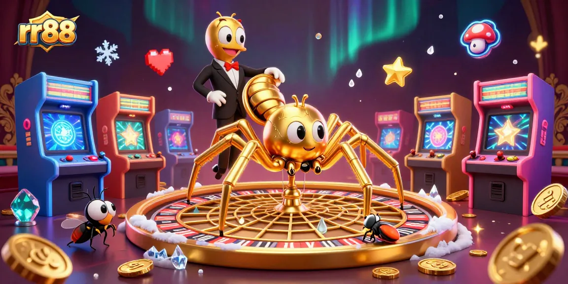Place bets with rr88 at a vibrant casino scene featuring a roulette wheel, arcade games, and playful characters.