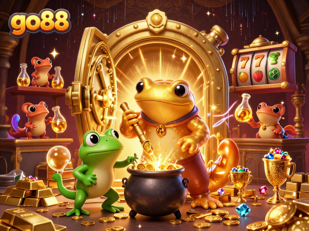 Experience thrilling wins with go88 in this vibrant 3D casino scene featuring golden treasures.