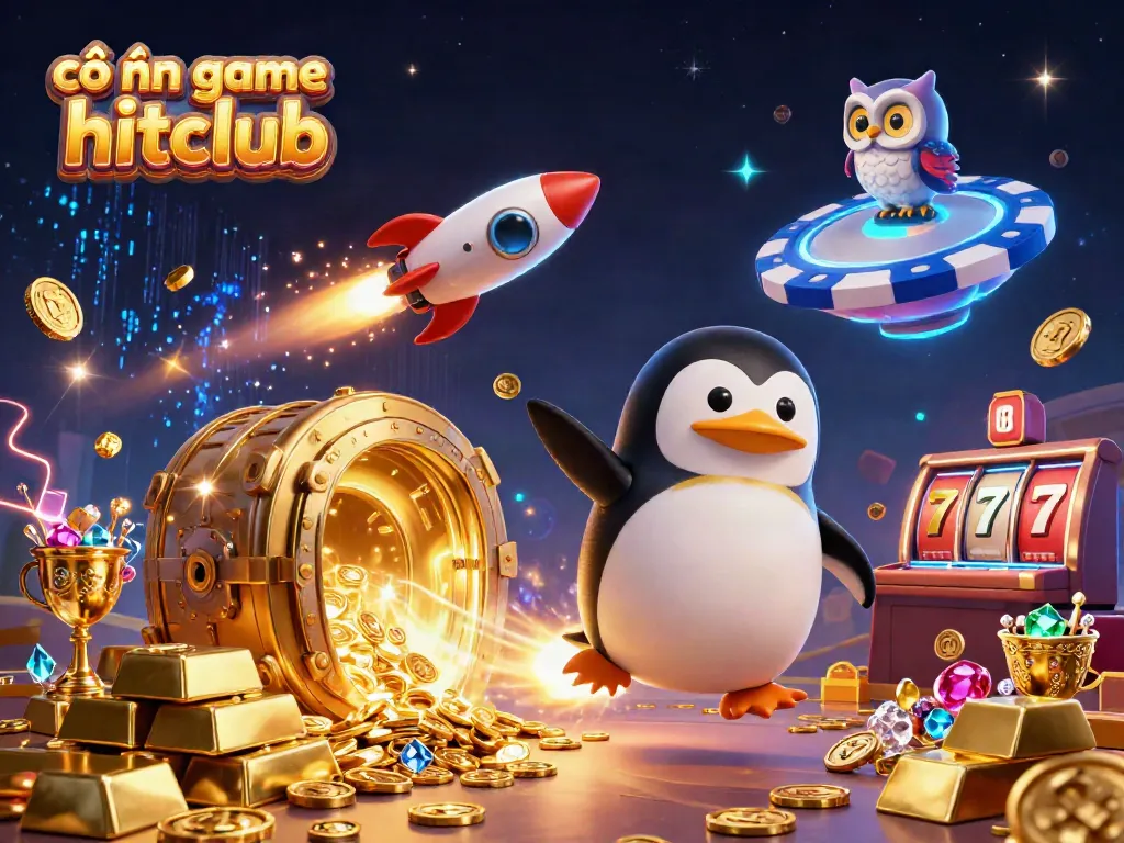 Experience the excitement of cổng game hitclub with a dazzling 3D penguin and casino-themed background.