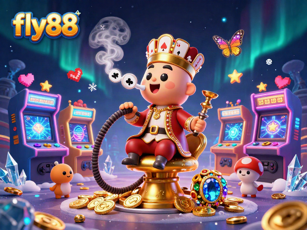 Experience the excitement of fly88 with a vibrant 3D casino scene featuring games and a hookah-master.