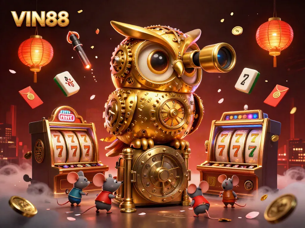 Engage with the exciting world of VIN88 featuring golden clockwork owl and vibrant casino elements.