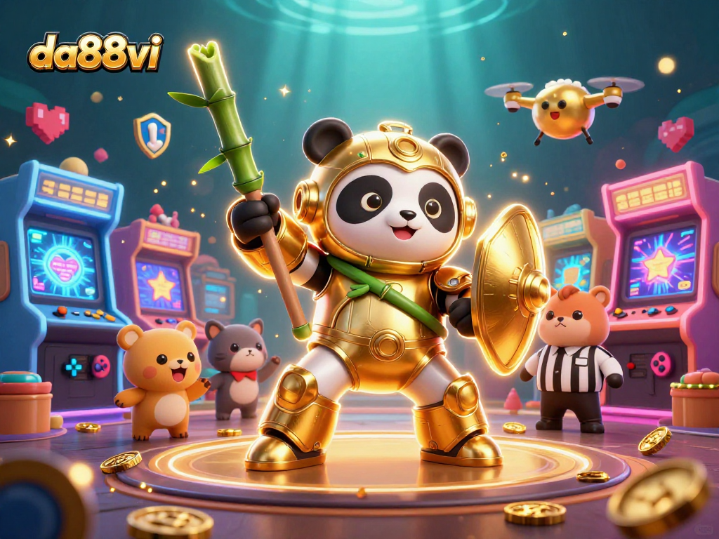 Experience thrilling gameplay with da88vi as a mech-suit panda battles in a vibrant 3D arena.