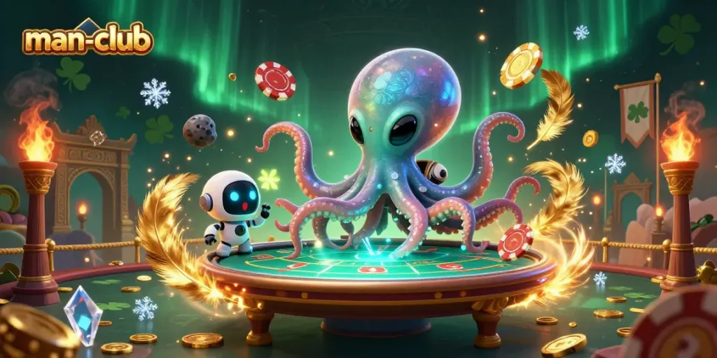 Engaging gambling scene of the man-club featuring a cartoon alien octopus at a poker table with vibrant cosmic elements.