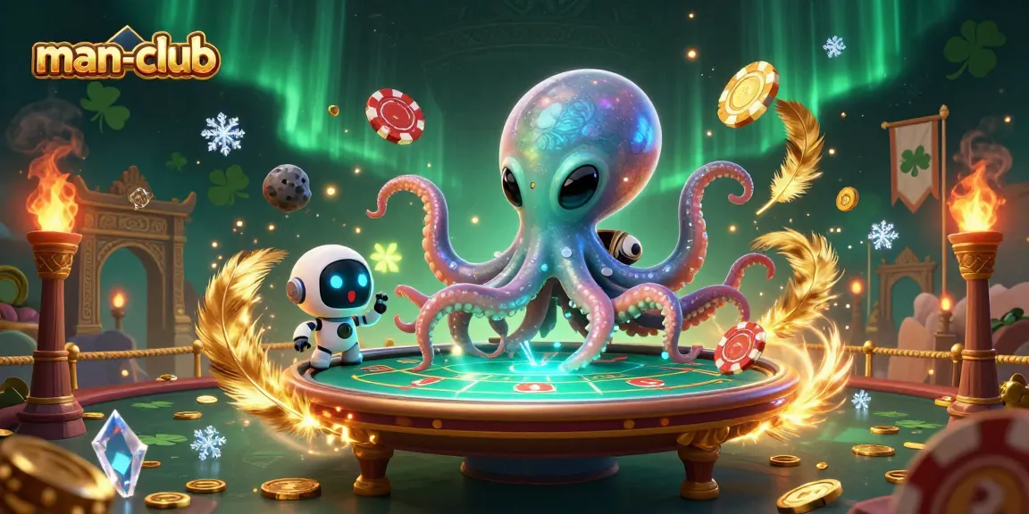 Engaging gambling scene of the man-club featuring a cartoon alien octopus at a poker table with vibrant cosmic elements.