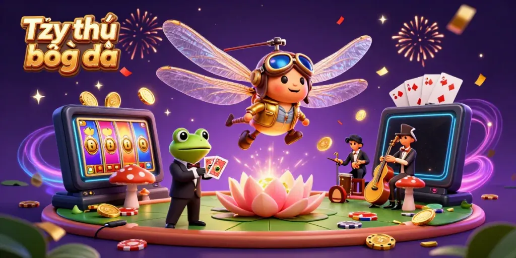 Tỷ lệ bóng đá visual representation with a cartoon dragonfly pilot and frog croupier in a lively casino setting.