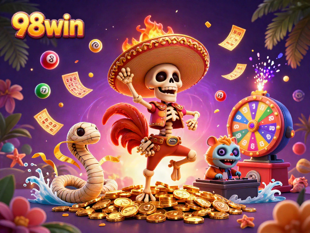 Join the fun at 98win with a vibrant scene filled with lottery elements and exciting characters.