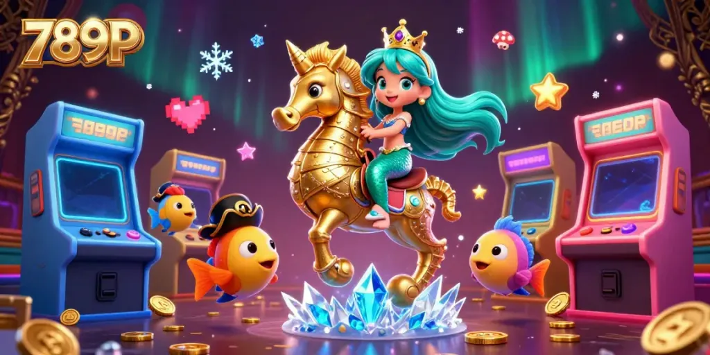 Engage in lively gambling with 789P, featuring a vibrant casino scene with a mermaid princess riding a seahorse amidst arcade game visuals.