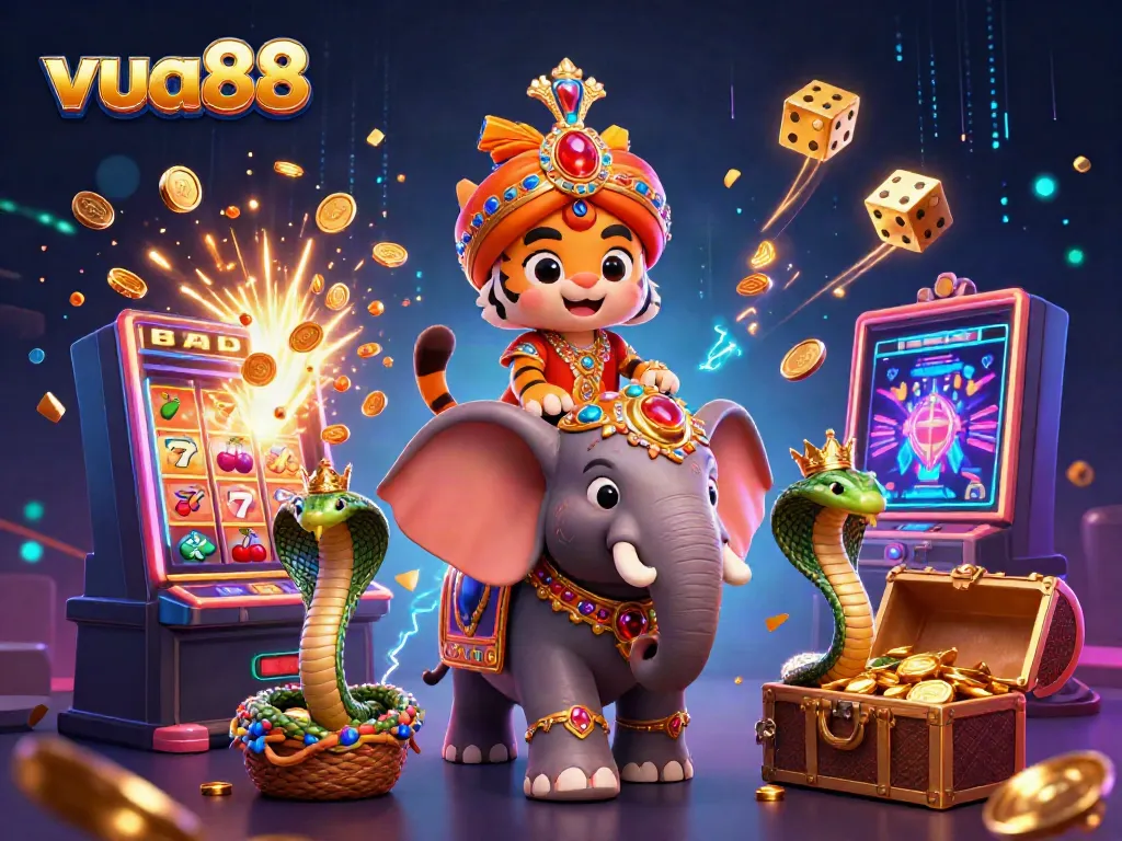Experience exciting wins at vua88 with a colorful 3D casino scene bursting with energy and gaming elements.