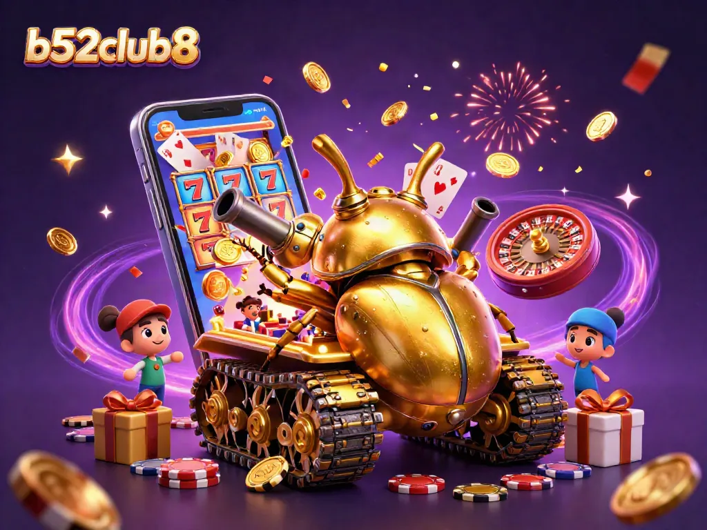 Play exciting slot games at b52club8 with a dynamic 3D illustration showcasing a magical casino experience.