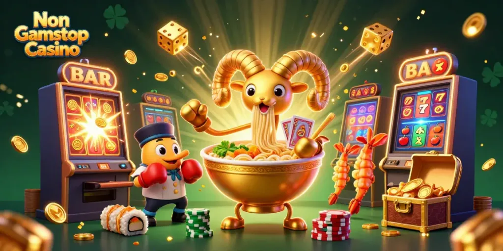 Engage with exhilarating gaming at a Non Gamstop Casino featuring cartoon characters and dynamic casino elements.