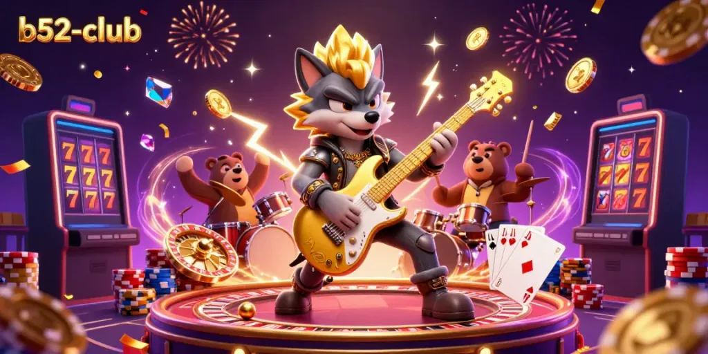Engage in vibrant gaming action with b52-club's electric atmosphere featuring a rock star wolf and drummer bear.