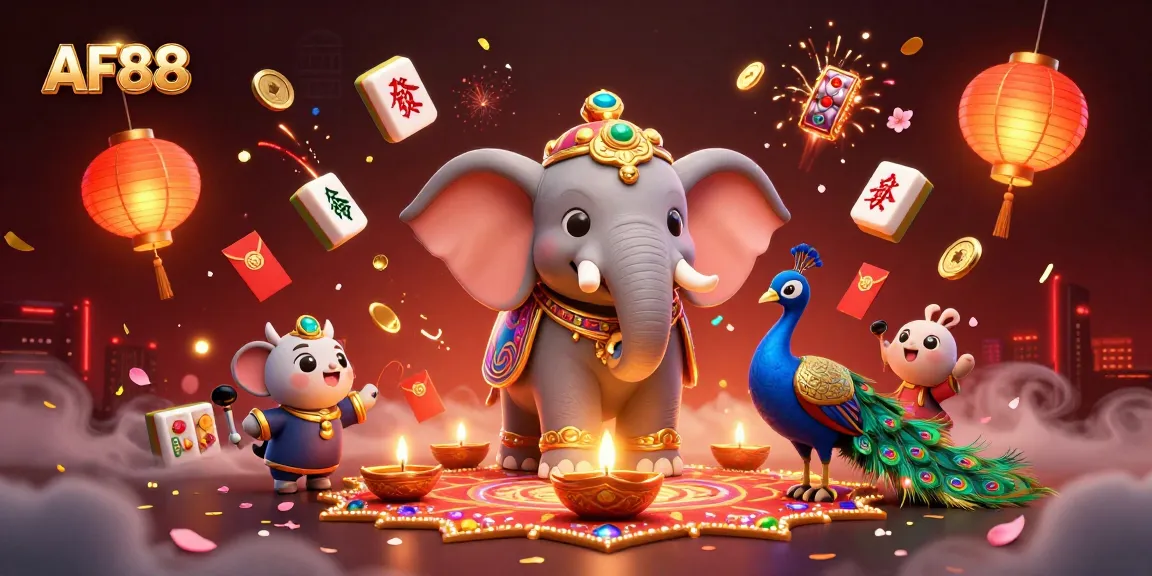 Experience the thrills of AF88 with a vibrant casino scene featuring a Diwali-themed elephant and festive elements.