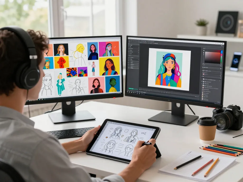 Artist using the Nano Banana Pro AI image editor in a vibrant creative workspace.