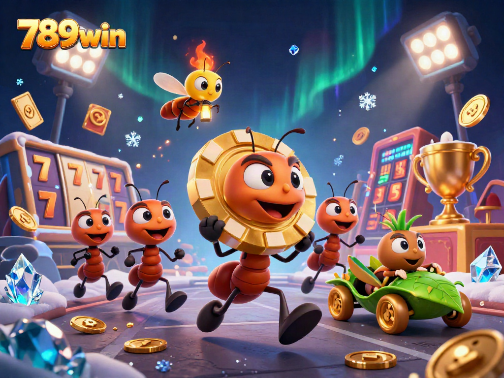 Join the 789win adventure with ants heisting a golden poker chip amidst vibrant casino elements.