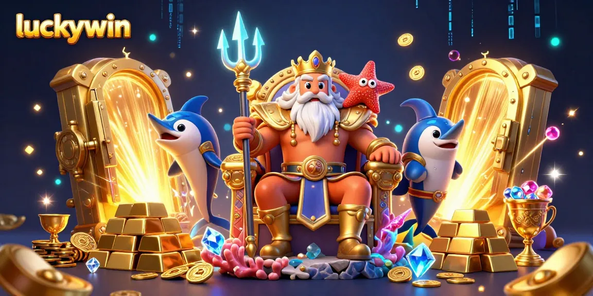 Experience the thrilling luckywin casino atmosphere with king Neptune amidst treasure and gaming elements.